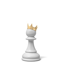 3d rendering of a white chess pawn piece with a golden crown sitting on top of it.