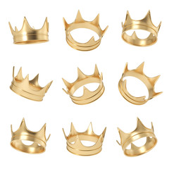 3d rendering of a set made up of several golden crowns hanging on a white background in different angles. © gearstd