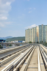 Obraz na płótnie Canvas Light rail train in downtown Gyeonggi-do Province, South Korea.