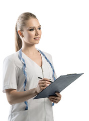 Nutritionist in white uniform with pen and folder