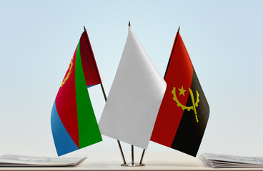 Flags of Eritrea and Angola with a white flag in the middle