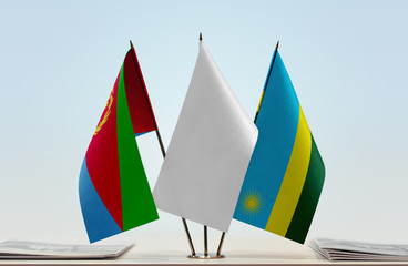 Flags of Eritrea and Rwanda with a white flag in the middle