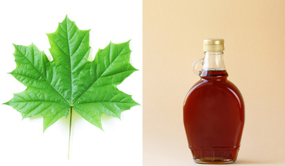 Maple syrup in a glass bottle - sweet dessert sauce