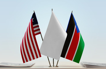 Flags of Liberia and South Sudan with a white flag in the middle