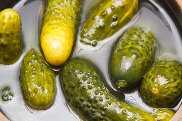 Fresh marinated cucumbers in clay dish