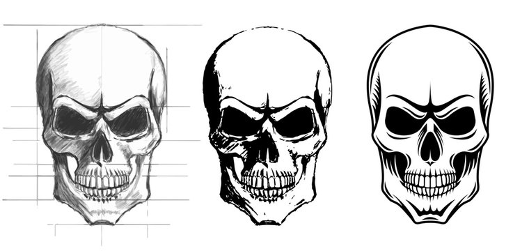 Illustration of three skulls in different versions.