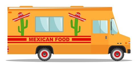 Flat design vector cartoon colorful illustration of food truck. Traditional Mexican street cuisine. Auto restaurant, mobile kitchen, hot fastfood, spicy food. Burrito, taco, nacho.