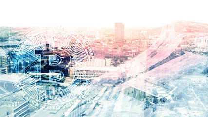 Double exposure of abstract technology and transportation with aerial view background