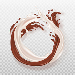 Milk and chocolate flowing in a circle. Liquid chocolate and milk flow mixed. Realistic splashes isolated on transparent background. Vector illustration for advertising or packaging cosmetics or dair