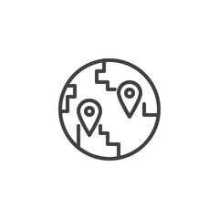 Globe with destination location pin outline icon. linear style sign for mobile concept and web design. Travel points simple line vector icon. Symbol, logo illustration. Pixel perfect vector graphics