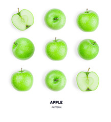 Seamless pattern green apple fruits. isolated on white background.