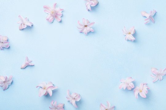 Fototapeta Beautiful pink flowers on blue table top view. Pastel colors. Flat lay style. Mother or woman day greeting card.