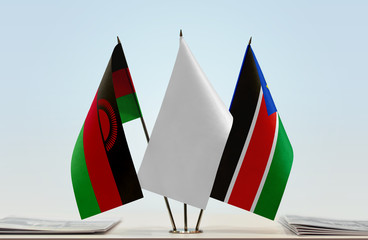 Flags of Malawi and South Sudan with a white flag in the middle