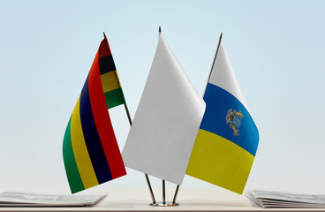 Flags of Mauritius and Canary Islands with a white flag in the middle