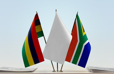 Flags of Mauritius and Republic of South Africa with a white flag in the middle