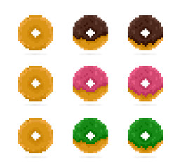 Vector colored donuts set in pixel art style. Pink, green and brown doughnut. Dessert and sweets 8 Bit icon