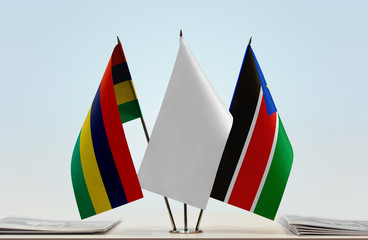 Flags of Mauritius and South Sudan with a white flag in the middle
