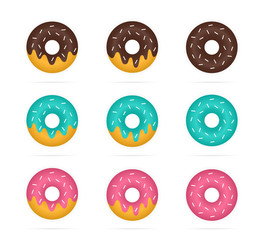 Vector set of colored donuts in realistic style. Pink, turquoise, brown doughnut, dessert and sweets