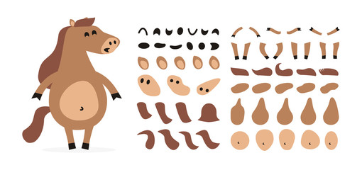 Cartoon horse creation set. Icons with different faces, hair, hand, feet, face, body, emotions, views, gestures isolated on white background. Vector elements for character animation