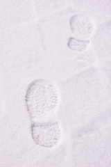 Large footprints in snow. White light background