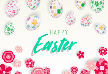 Happy easter image vector. Modern happy Easter background with colorful eggs, bunny, rubbit, and spring flower. Template Easter greeting card, vector. 