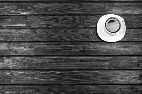 White cup, tea, fragrance, energy, porcelain, brown, wooden table, Top view, Copy space