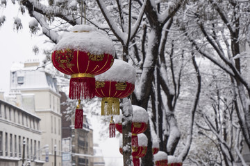 Christmas china tree covered with snow near the eiffel tower in paris
