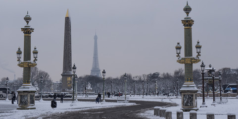 Fototapeta na wymiar Eiffel Tower, Snowy day in Paris, France