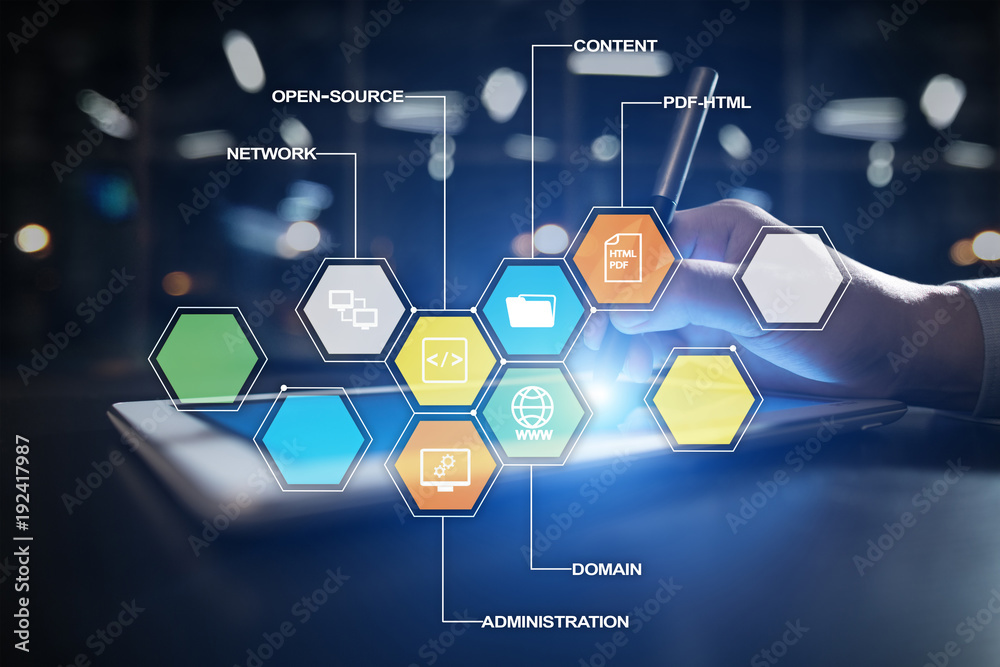 Sticker cms. content management system applications icons on virtual screen. business, internet and technolo