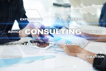Fototapeta na wymiar Consulting business concept. Text and icons on virtual screen.