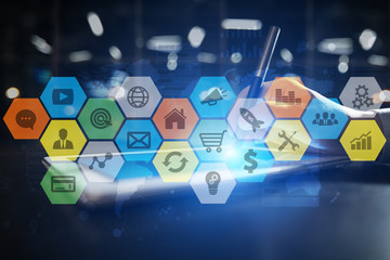 Colored applications icons and graphs on virtual screen. Business, internet and technology concept.