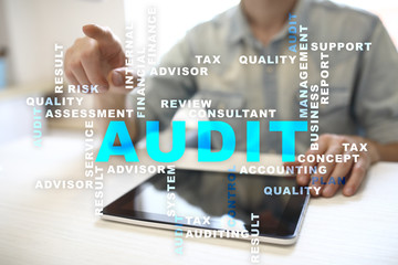 Audit business concept. Auditor. Compliance. Virtual screen technology. Words cloud.