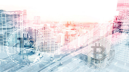 Double exposure of abstract technology and transportation with aerial view background