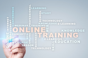 Online training on the virtual screen. Education concept. Words cloud.