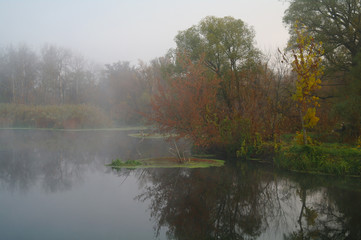 River landscape and autumn wood