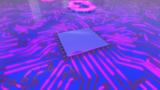 Seamless looping rotating 3d animated blue and pink computer circuit board with an exchange arrows icon in 4K resolution