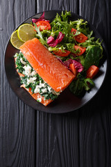 Fillet of salmon stuffed with spinach and feta with vegetable salad close-up. Vertical top view