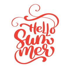 Naklejka na ściany i meble Hello Summer vector Handwritten illustration, background. Fun quote hipster design logo or label. Hand lettering inspirational typography poster, banner