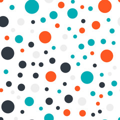Colorful polka dots seamless pattern on black 17 background. Awesome classic colorful polka dots textile pattern. Seamless scattered confetti fall chaotic decor. Abstract vector illustration.