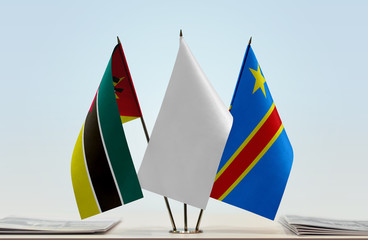 Flags of Mozambique and Democratic Republic of the Congo (DRC, DROC, Congo-Kinshasa) with a white...