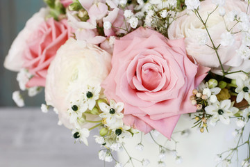 Bouquet of roses, matthiolas and ranunculus flowers