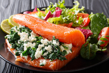 Delicious healthy food: salted salmon stuffed with spinach and cream cheese macro. horizontal