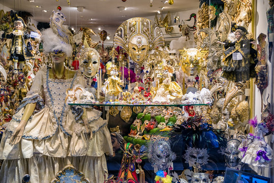 Traditional carnival masks in shop