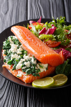 Salted salmon stuffed with spinach and cream cheese with vegetable salad close-up. vertical