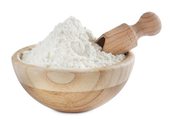 Bowl with flour on white background