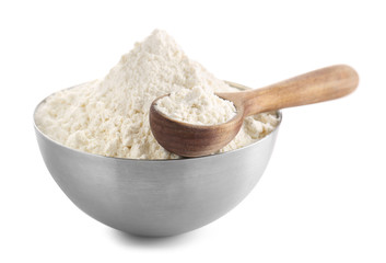Fototapeta na wymiar Bowl with flour on white background