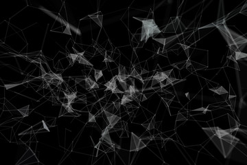 Silver colored network lines, dots and triangle shapes on black background. Selective focus used.