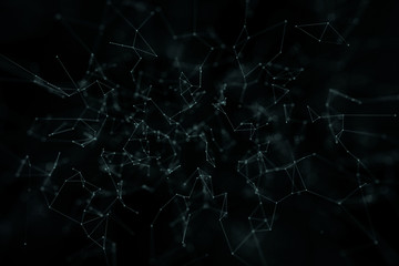 Abstract network lines and dots on dark blue green background. Selective focus used.