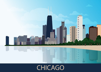 Chicago downtown business area background with skyscrapers, lake Michigan, park with green trees and blue sky at summer day. Great view of big usa city. Vector illustration EPS 10