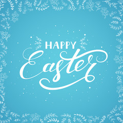 Happy Easter on blue background with decorative floral elements